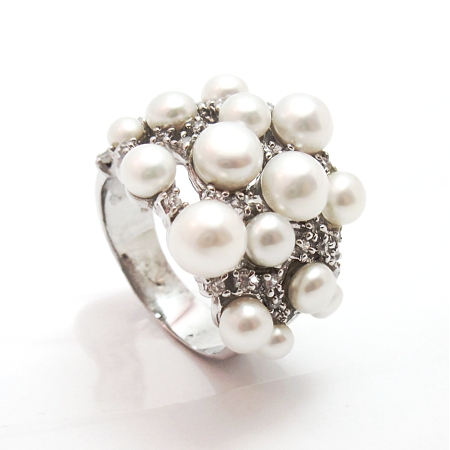 White Freshwater Pearl Scatter Ring w/CZs